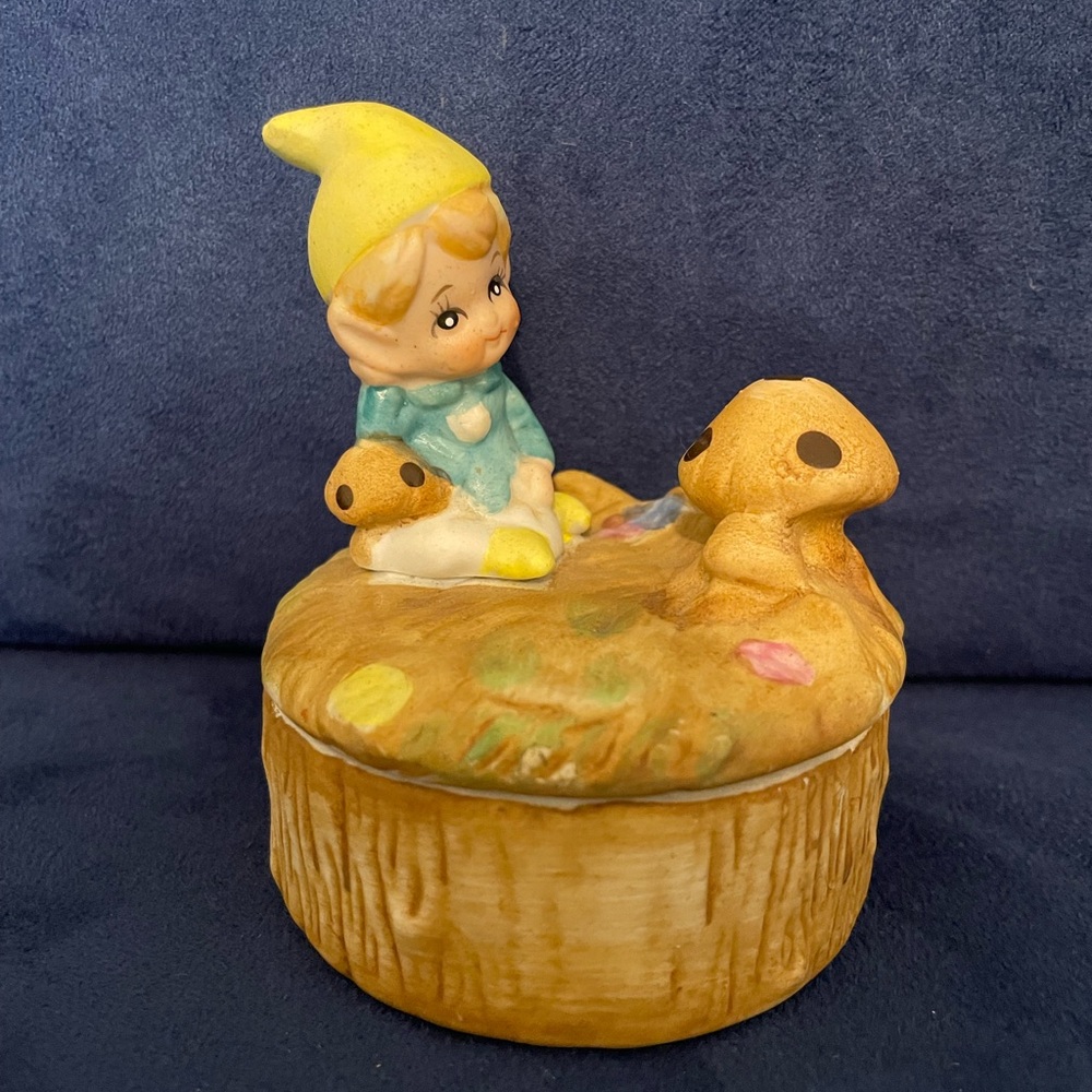 Vintage Homco Ceramic Pixie/Gnome Trinket Box with Mushrooms - Yellow & Teal